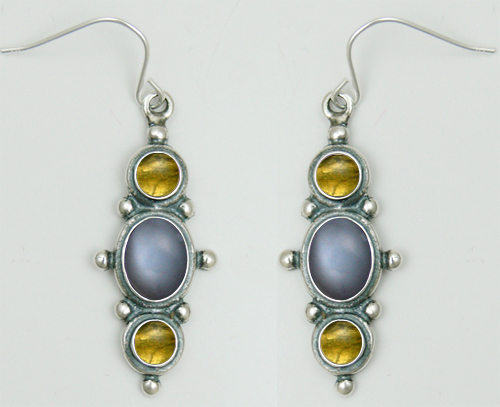 Sterling Silver Drop Dangle Earrings With Grey Moonstone And Citrine